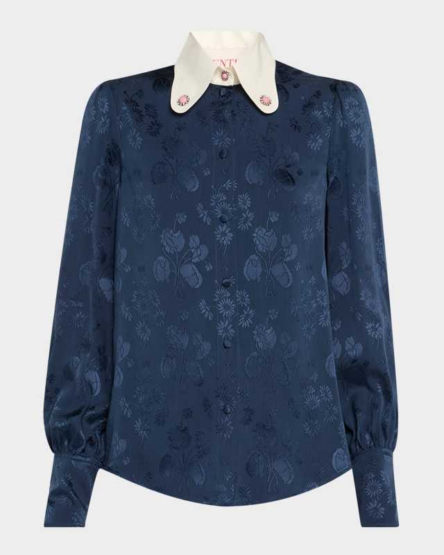 Floral Silk Jacquard Round-Collar Button-Down Blouse